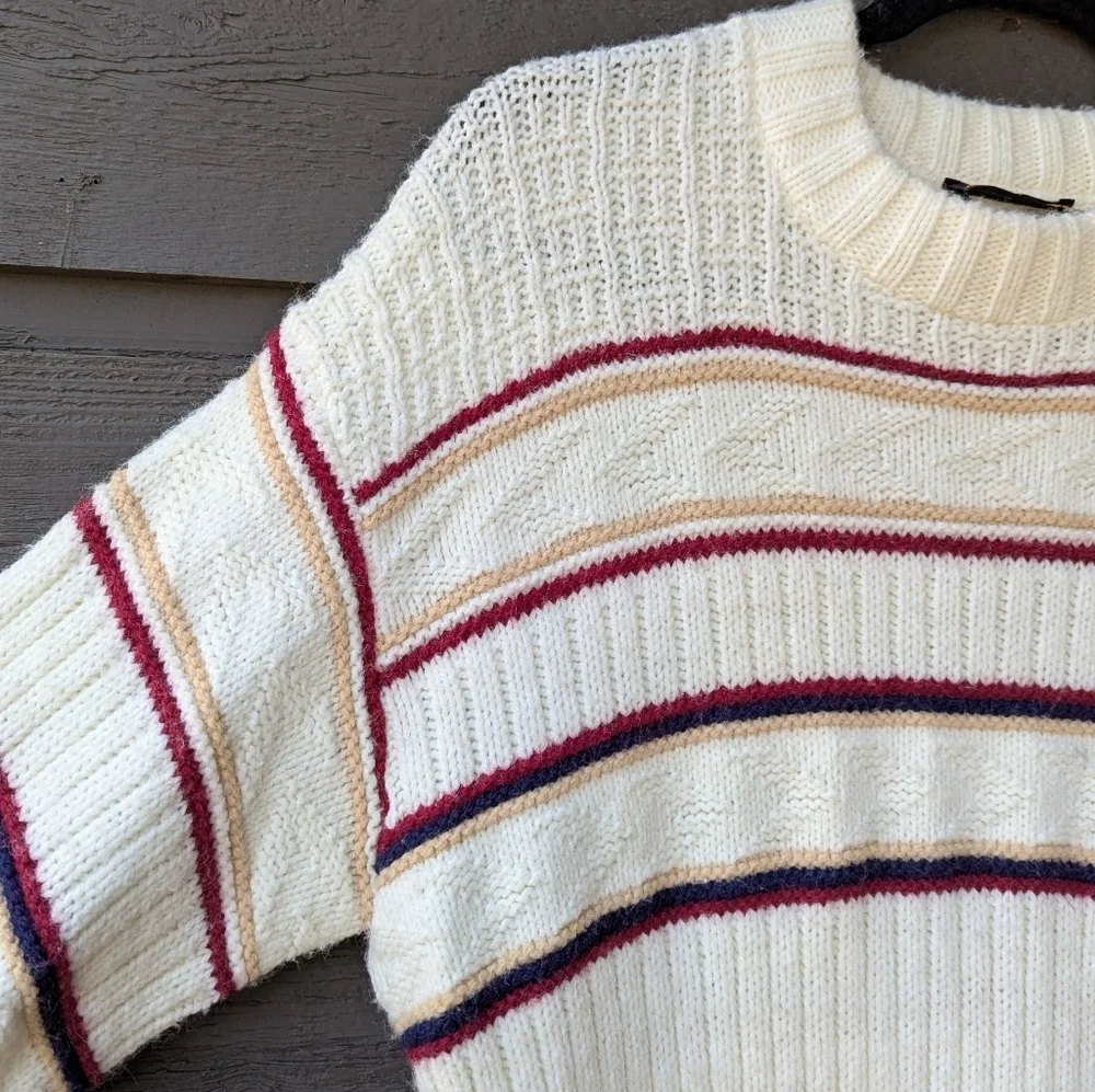 VTG 70s King Scot Crew Neck Ski Sweater Size Medium Ivory Tan Blue Red